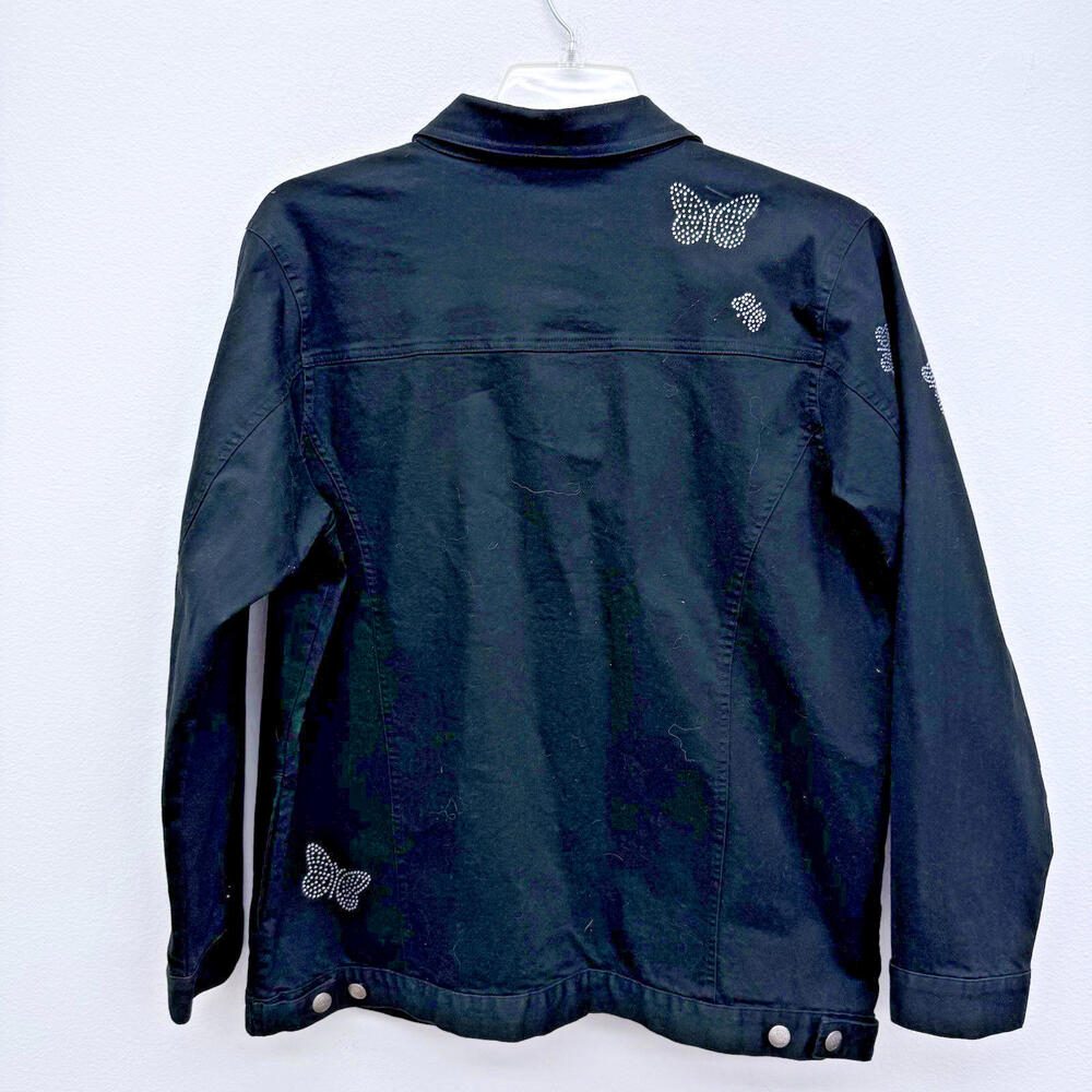 Quacker Factory Womens Large Black Denim Jacket Rhinestone Butterfly Design - Picture 3 of 9